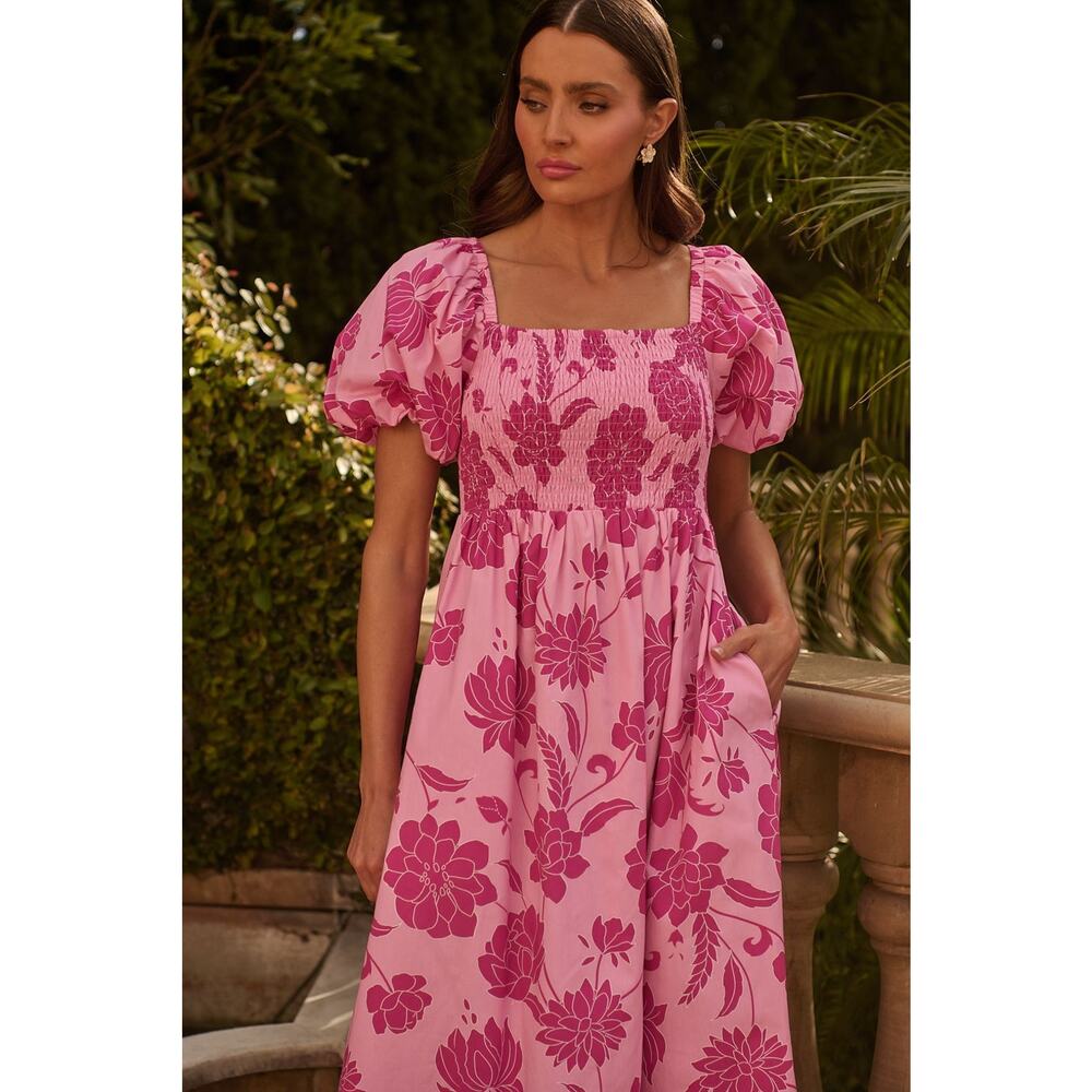 Pink Floral Smocked Midi Dress Puff Sleeve Square Neck NWT Sz XS - Picture 4 of 4